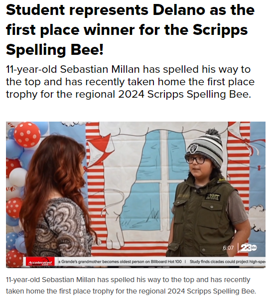  KERO News reporting Sebastian Millan Spelling Bee Win.